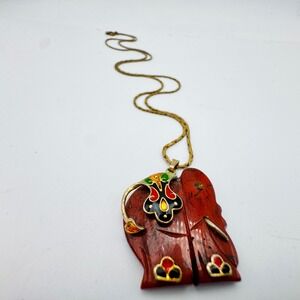 VTG Monet Elephant Pendant Necklace Red Enamel Gold Tone Figural Jewelry Signed